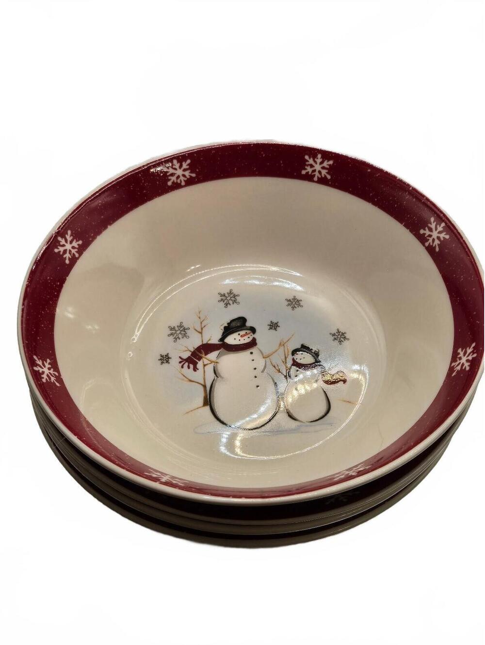 4 7" Royal Seasons Stoneware Snowman Winter cereal Bowls, Red Snowflake Rim
